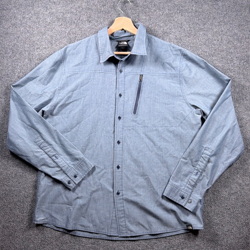 The North Face Button Down Mens Large Blue Long Sleeve Zipper Pocket F14